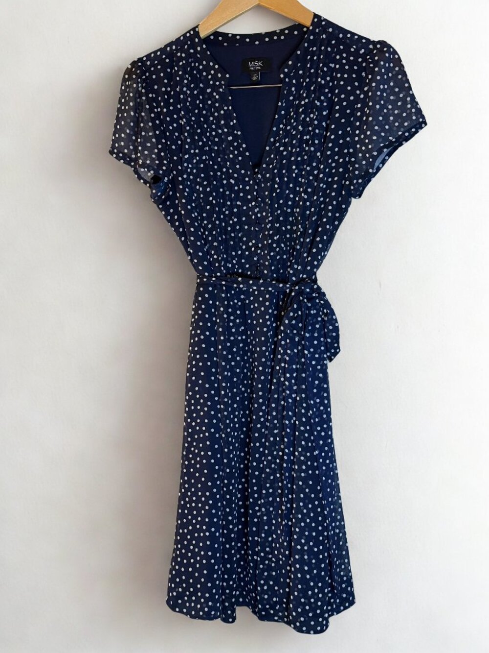 MSK Petite Navy Polka Dot Dress Sz 12P | Belted Flowy Knee Length